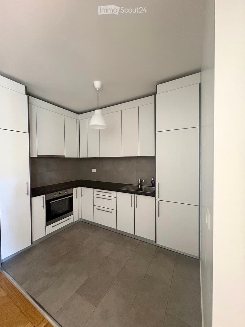 Modern kitchen with white cabinets, stainless steel appliances, and a central pendant light. Features an oven, sink, and ample storage space.