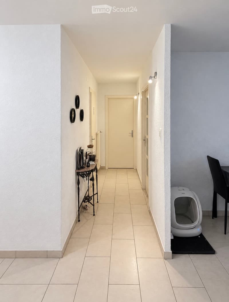 A clean, well-lit hallway with tiled flooring, white walls, and several doors. There is a small table with decorative items on the left and a pet litter box on the right.