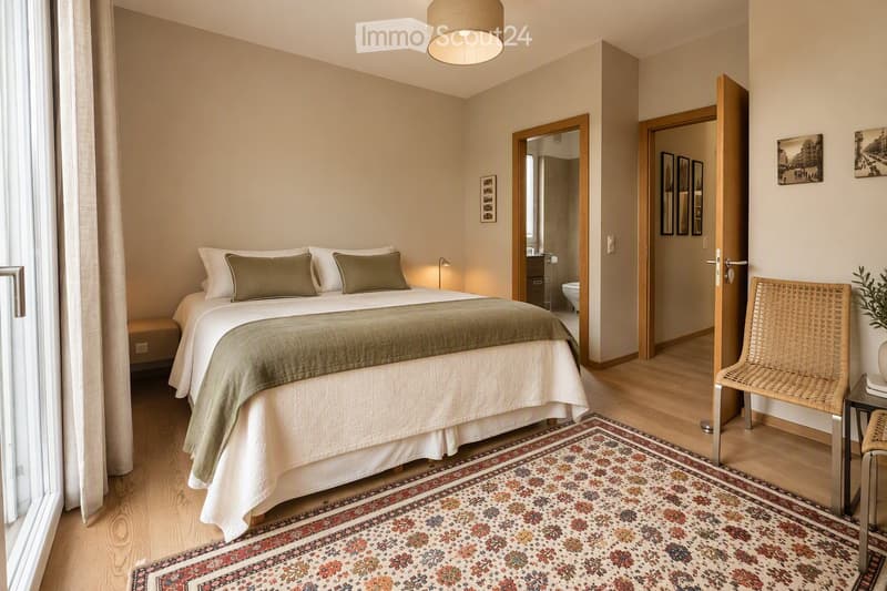 Modern bedroom with a large bed, green pillows, a patterned rug, a wicker chair, and a small table with a plant. A bathroom is visible through an open door.
