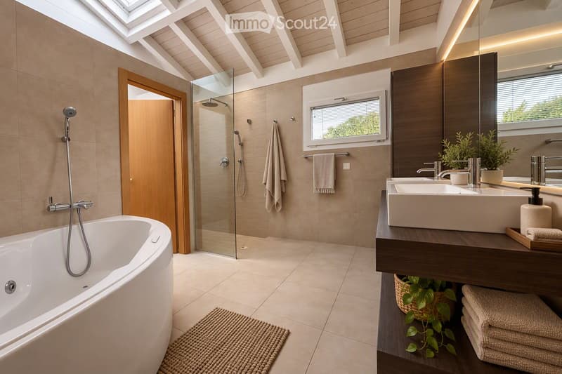 Modern bathroom with a freestanding bathtub, double sink vanity, large mirror, glass-enclosed shower, and natural light from skylight and window. Features include wooden accents, tiled walls, and decorative plants.