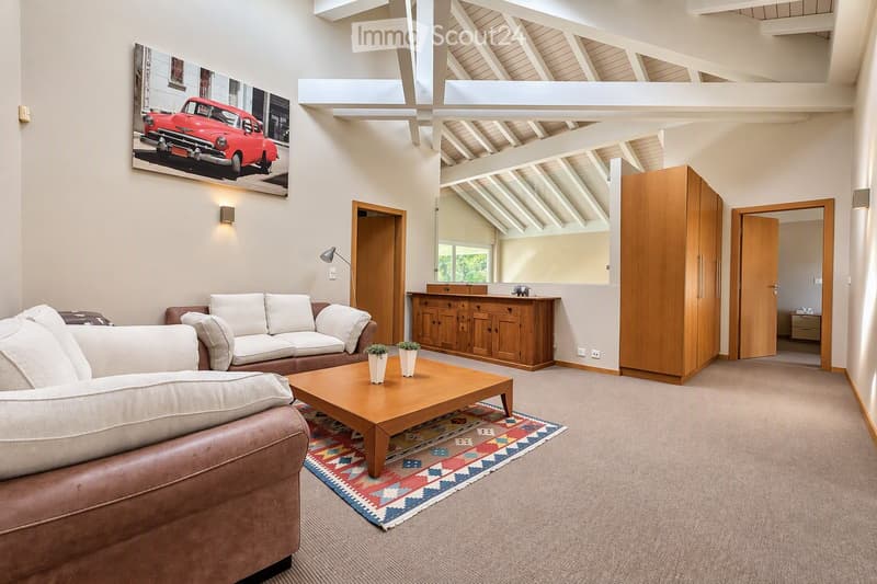 Modern living room with exposed wooden beams, a large sofa, armchair, coffee table, and a colorful rug. Features a wooden cabinet, mirror, and wall art.
