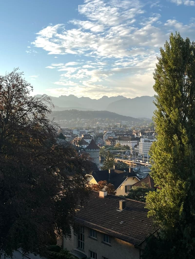 Panoramic view of a cityscape with a mix of residential and commercial buildings, surrounded by trees and mountains in the background.