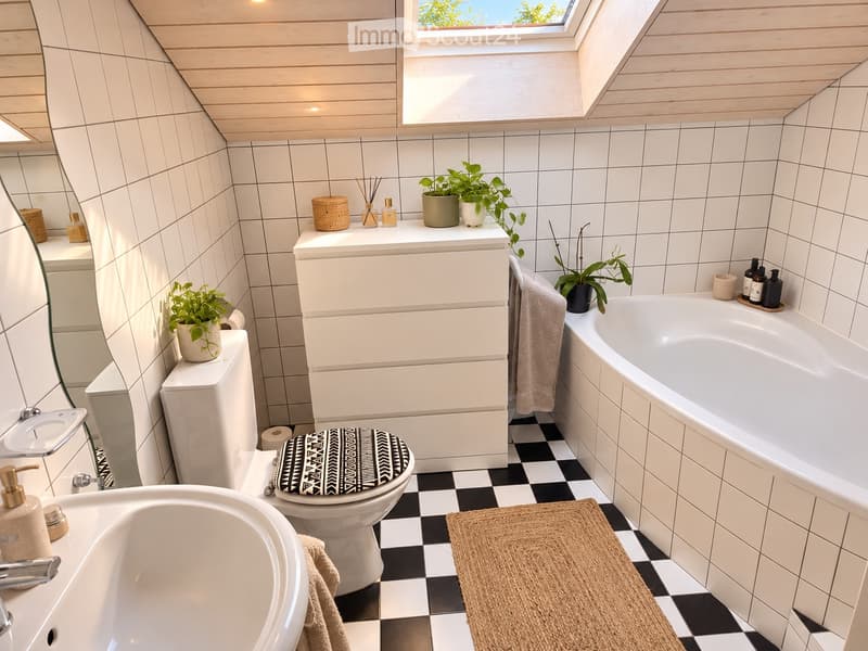 Modern bathroom with white tiles, black and white checkered floor, bathtub, toilet, sink, mirror, and decorative plants.