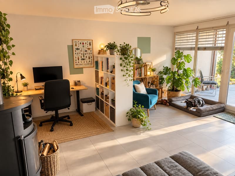 A well-lit room with a desk, chair, sofa, dog bed, and various plants. The room features a modern aesthetic with a mix of wooden and white furniture, a large window, and a cozy atmosphere.