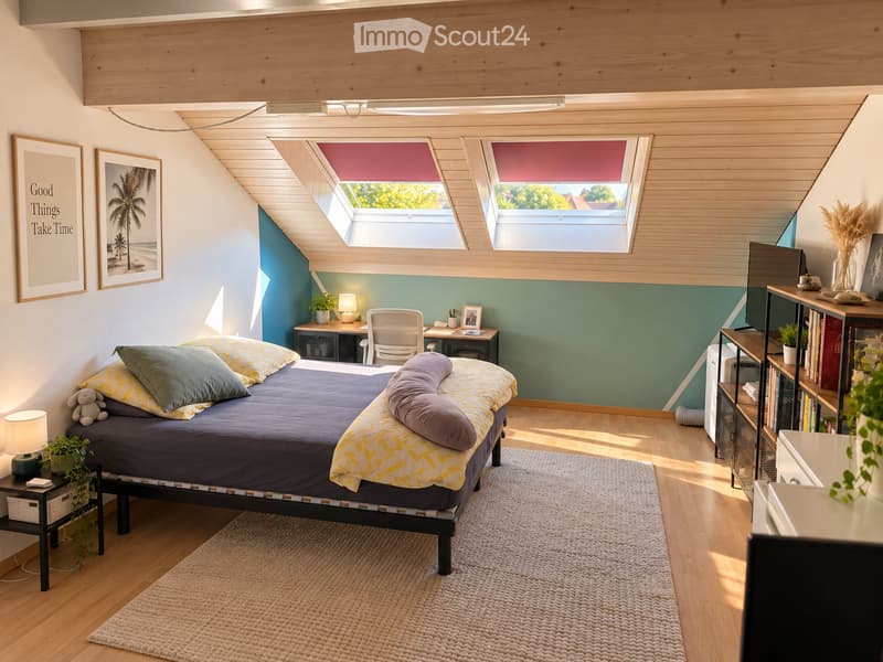 Cozy attic bedroom with slanted wooden ceilings, skylights, a bed with pillows and a blanket, a nightstand with a lamp, a desk with a chair, a bookshelf, and decorative plants.
