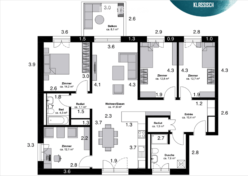 Floor plan of a modern apartment with multiple rooms including living/dining area, bedrooms, bathrooms, and a balcony.