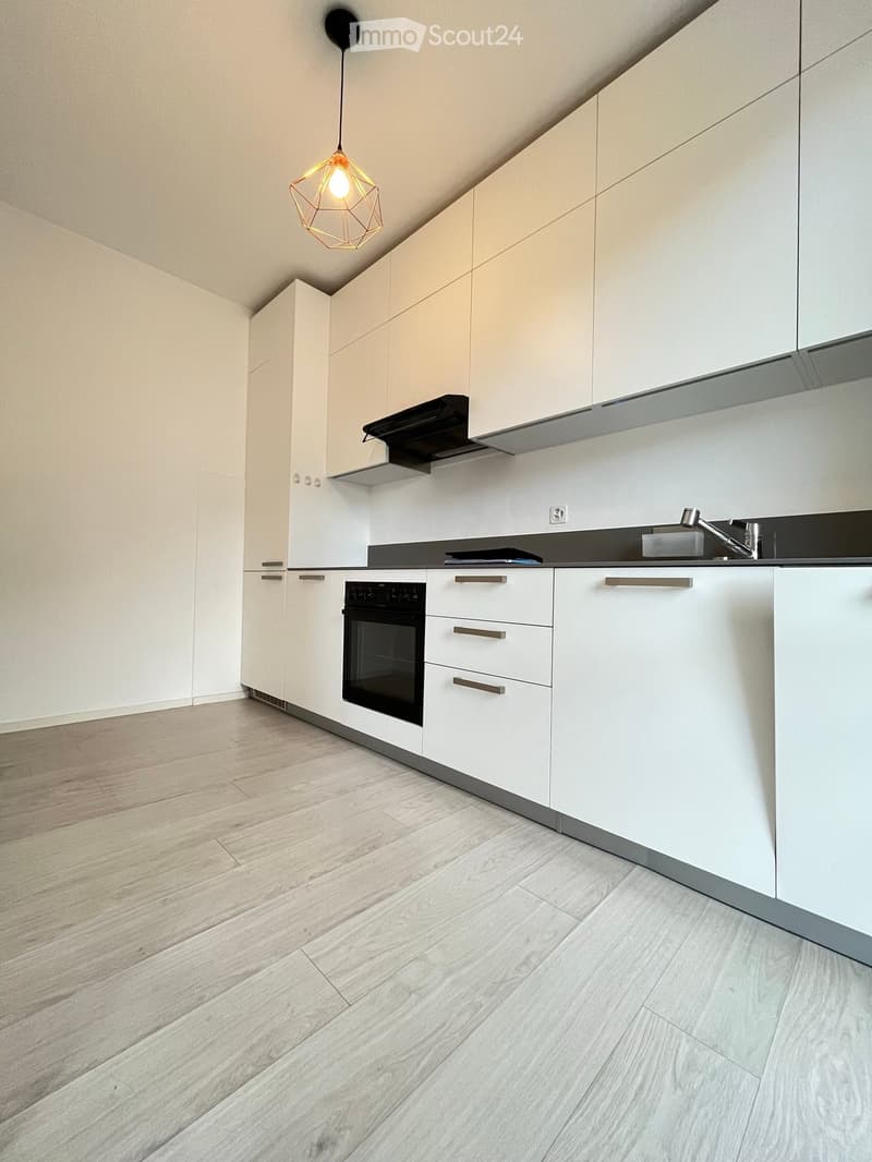 Modern kitchen with white cabinets, stainless steel appliances, and a sleek design. Features an oven, faucet, and a geometric light fixture.