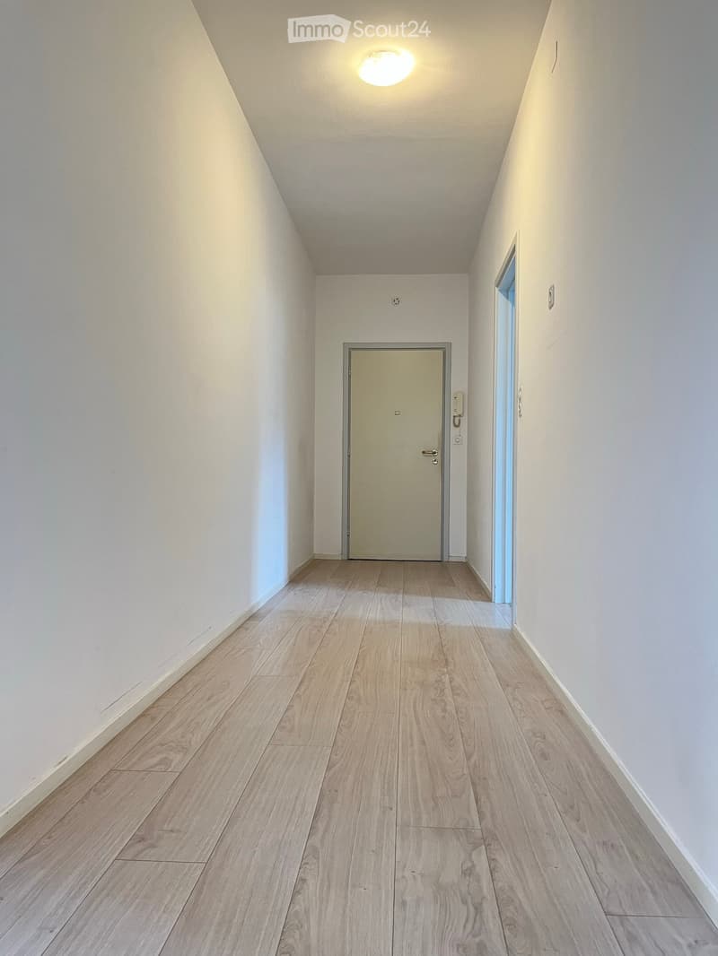 Empty hallway with light wooden flooring, white walls, and a single closed door at the end.