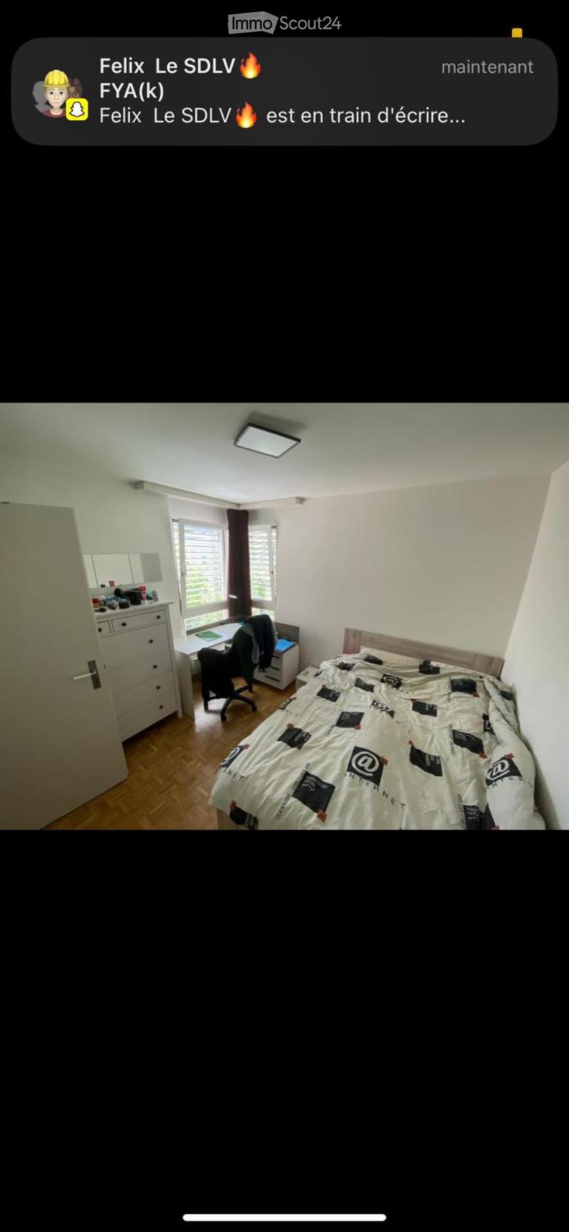 A furnished bedroom with a bed, desk, chair, wardrobe, and mirror. The room features wooden flooring and large windows with blinds.