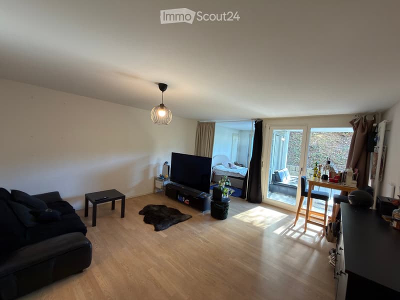 A modern living room with a dark blue sofa, coffee table, television, and a small table with chairs. The room features wooden flooring, a hanging lamp, and a view of a bedroom through an open doorway.