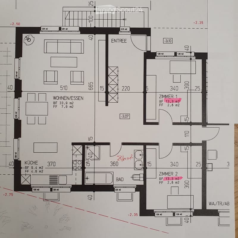 Floor plan showing a living/dining area, kitchen, bathroom, and two bedrooms. Includes entrance and utility area.