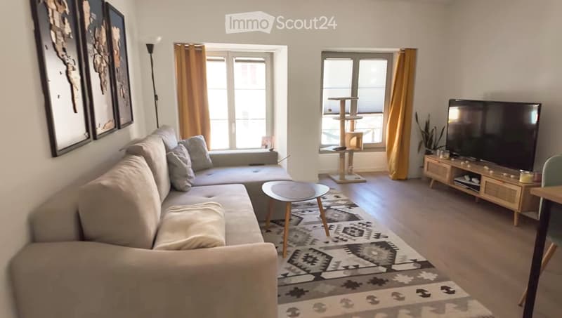 Modern living room with a grey sectional sofa, coffee table, cat tree, TV stand, and a patterned rug.