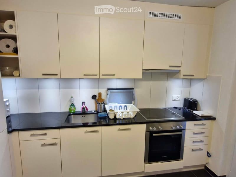 Modern kitchen with white cabinets, black countertops, stainless steel sink, oven, and various small appliances.