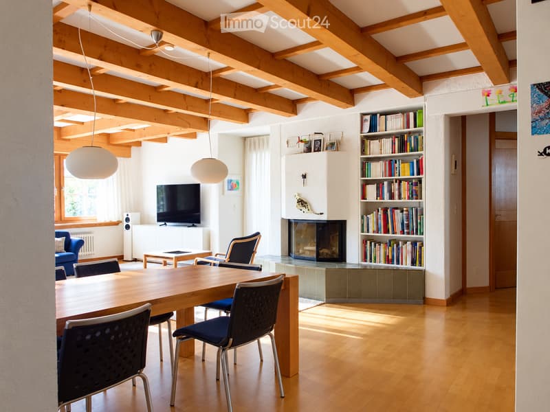 Bright living and dining area with exposed wooden beams, a large wooden dining table with chairs, a blue sofa, a fireplace, a bookshelf, and a television on a white stand.