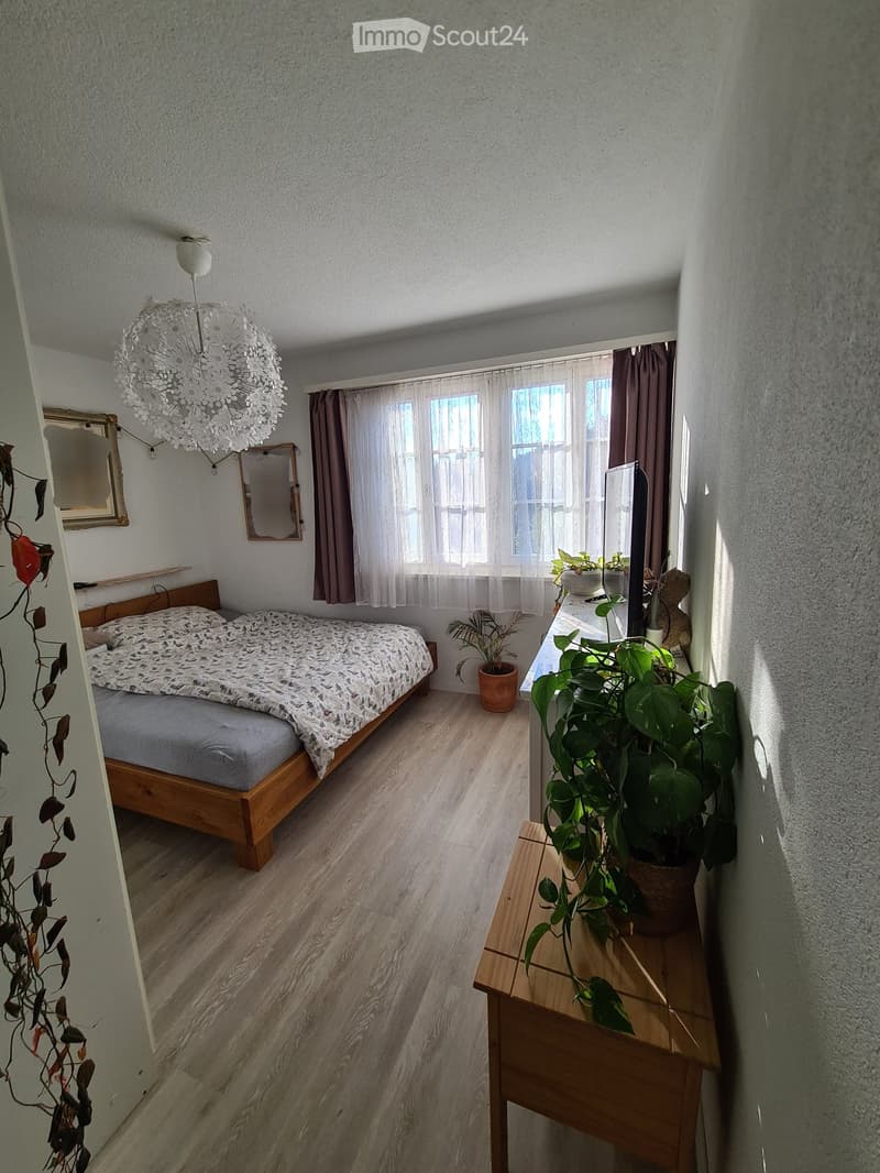 Cozy bedroom with wooden flooring, a bed with patterned bedding, a small wooden table with a plant, a chandelier, and mirrors on the wall.