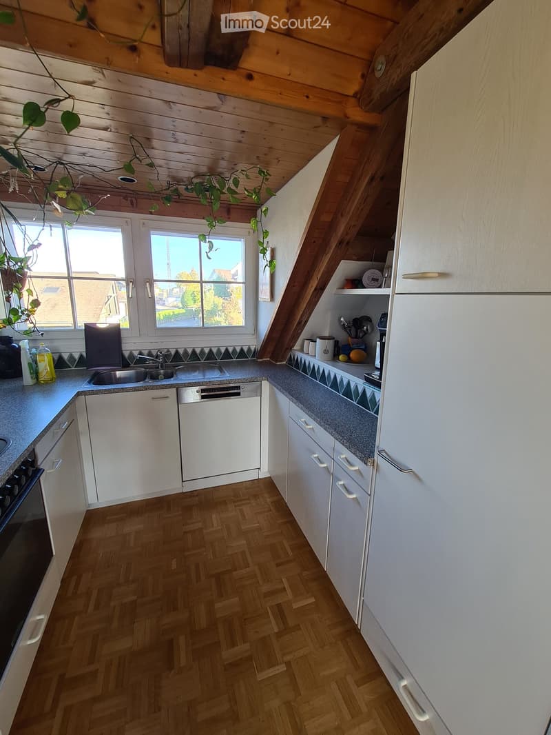 Bright kitchen with white cabinets, wooden herringbone flooring, and modern appliances including a refrigerator, oven, sink, and dishwasher. The space features a window with a view of the outside and a hanging plant adding a touch of greenery.