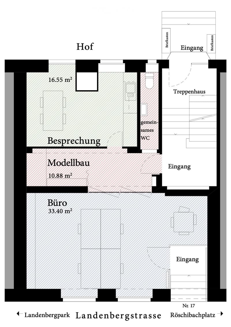 Floor plan showing a layout with a common WC, office, meeting room, model building area, and entrance.
