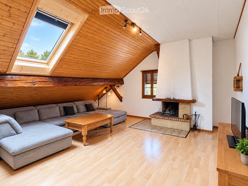 Bright living room with wooden floors, slanted wooden ceiling, skylight window, grey sectional sofa, wooden coffee table, fireplace, TV, and potted plant.