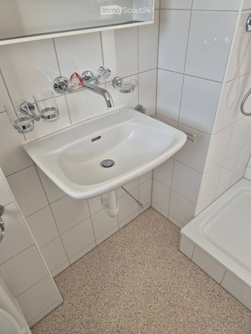 Modern bathroom with a white sink, chrome faucet, two glass cups on a holder, and a mirror above the sink. The walls are tiled in light gray, and the floor is covered with a beige carpet.