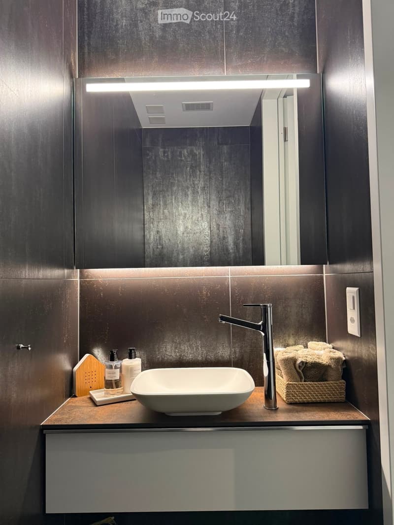 Modern bathroom with a sleek sink, chrome faucet, and dark tiled walls. A mirror with built-in lighting is above the sink, and a woven basket holds folded towels.