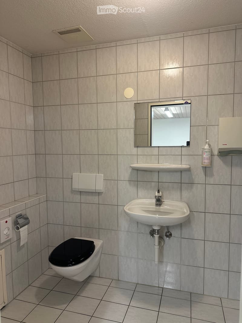 Modern bathroom with tiled walls and floor, featuring a toilet, sink, mirror, and soap dispenser.