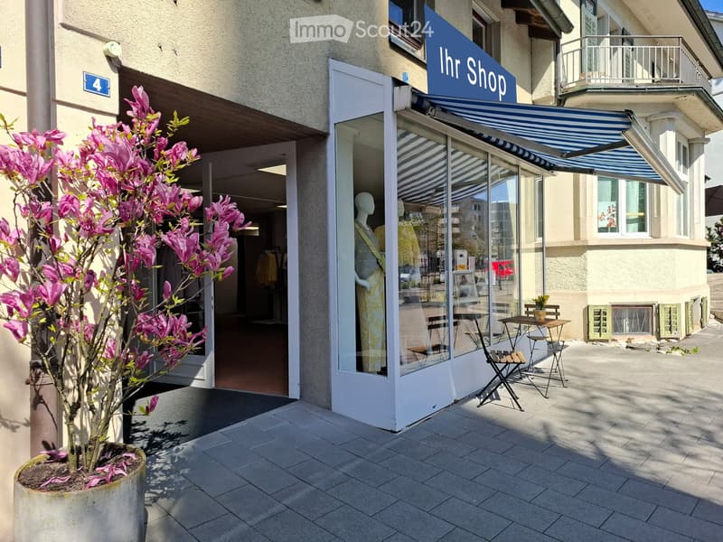Storefront with a blue and white awning, a display window showcasing a mannequin in a dress, a potted pink flowering plant, and two small tables with chairs outside.
