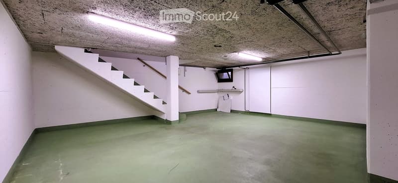 white walls, green floor, white staircase, mounted sink, TV, wall-mounted radiators