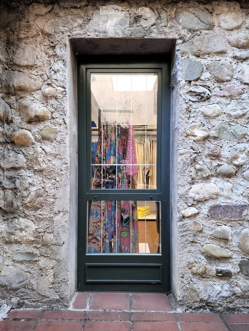 The entrance is through a black door with glass panels, situated on a stone wall and red floor.