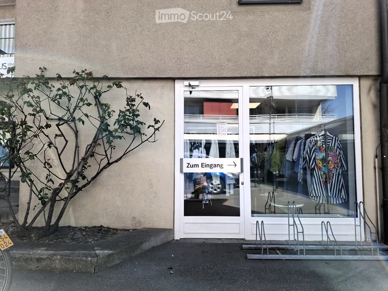 Building entrance with white double doors and glass windows, a bicycle parking rack in front, and a small plant next to the entrance.