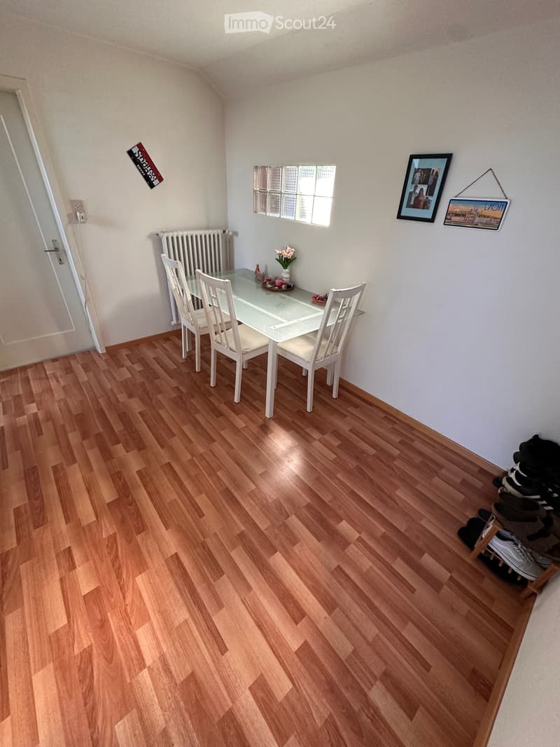 Dining room with wooden flooring, glass dining table, white chairs, radiator, and shoe rack in the corner.