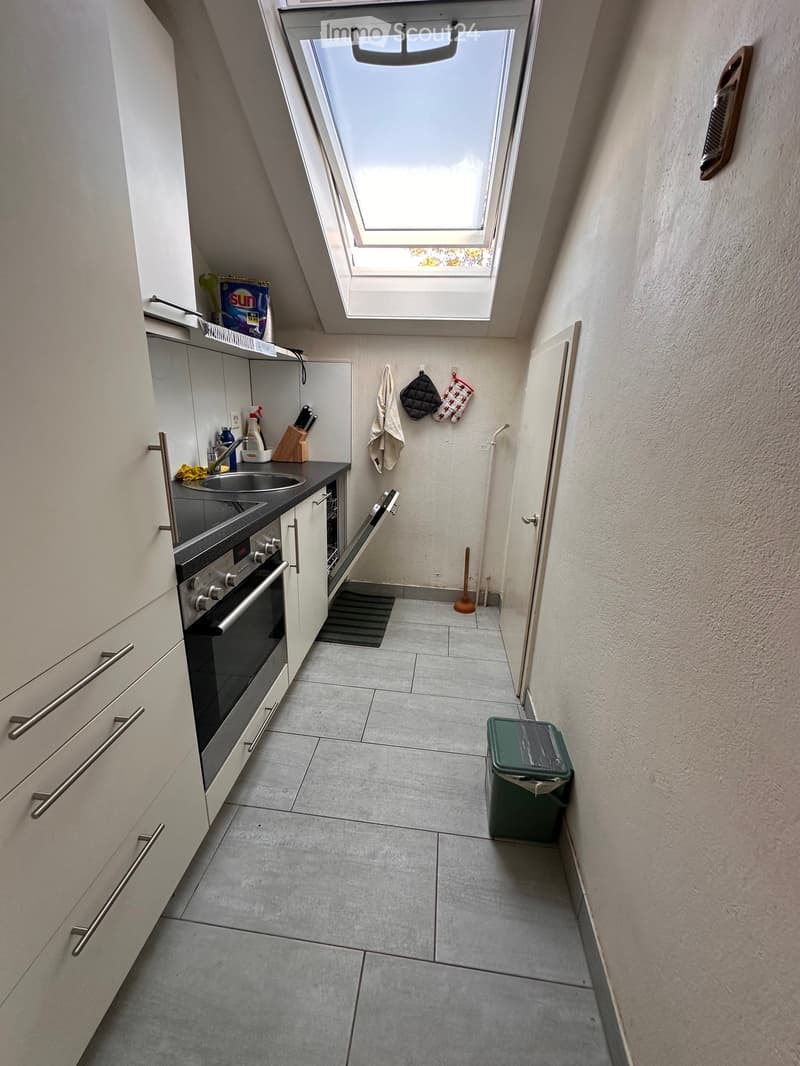 Modern kitchen with white cabinets, stainless steel oven, sink, and a skylight window above. Includes cleaning supplies, oven mitts, and a trash bin.