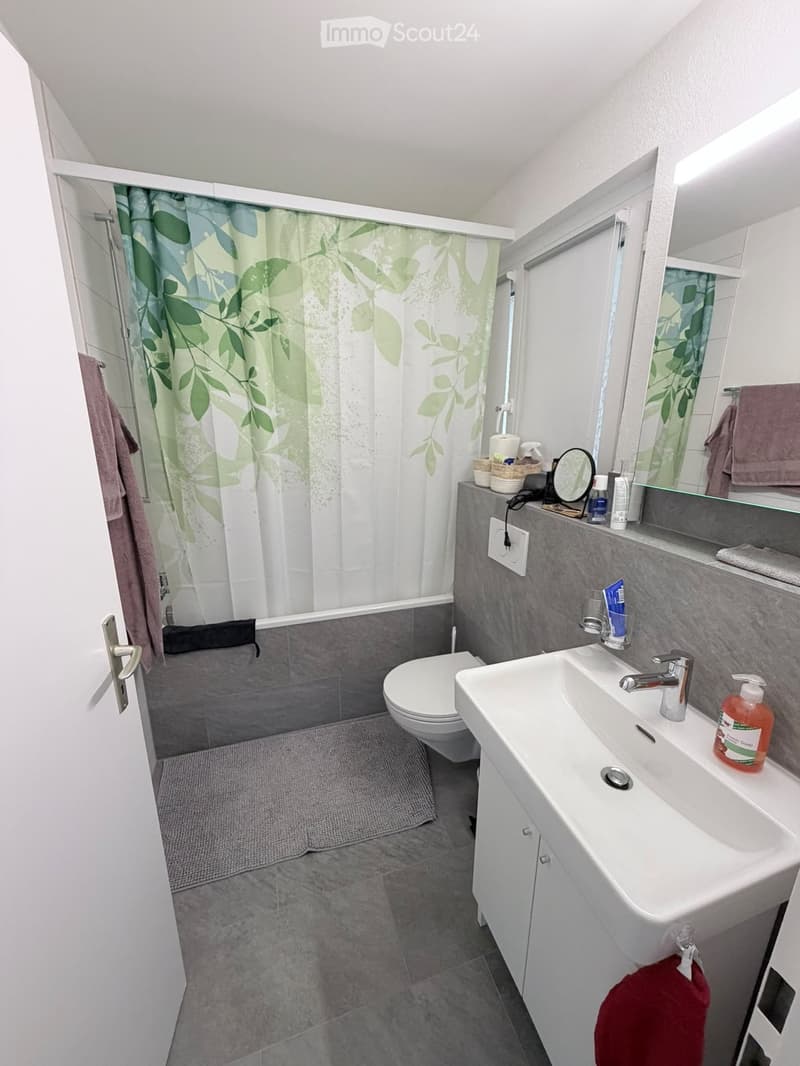 Modern bathroom with grey tiles, white sink, toilet, shower area with green leaf-patterned curtain, and a mirror above the sink.