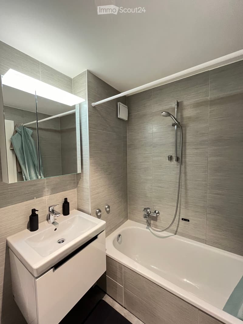 Modern bathroom with a white sink, bathtub, and large mirror. Grey tiled walls and a sleek design.