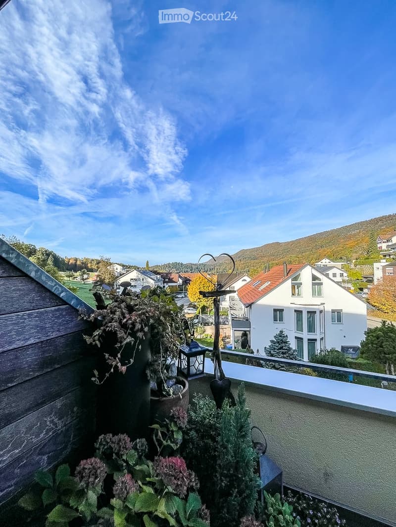 Balcony with potted plants and decorative items, overlooking a residential neighborhood with houses and a distant hill.