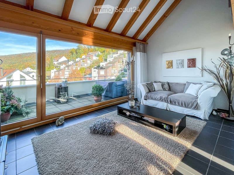 Modern living room with large windows offering a scenic view, featuring a grey sofa, coffee table, shaggy rug, and decorative plants.