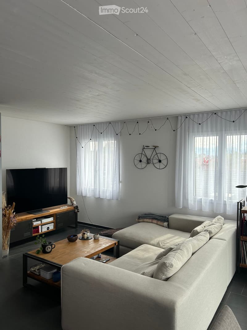 Modern living room with a sectional sofa, wooden coffee table, flat-screen TV on a wooden stand, and decorative items including a bicycle wall decor and a vase with dried flowers.