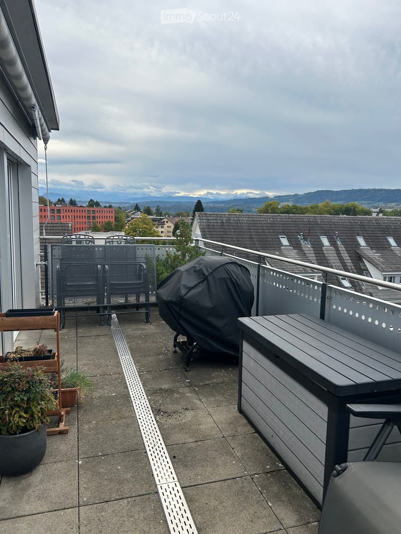 A modern rooftop terrace with a concrete floor, metal railing, and a view of the city and mountains. Features include a covered grill, a wooden bench, a potted plant, and a metal chair.