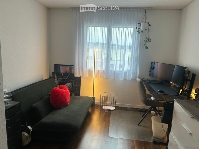 A modern, well-lit room with a green sofa, a red cushion, a desk with a computer and two monitors, a hanging plant, and a tall floor lamp. The room features wooden flooring and large windows with sheer curtains.