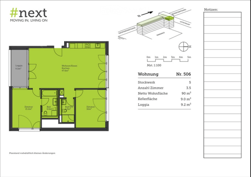 Floor plan of a 5-story apartment with 3.5 rooms, 90 m² living area, 9 m² balcony, and 9.0 m² cellar area. Includes living/dining area, kitchen, two bedrooms, and bathroom.