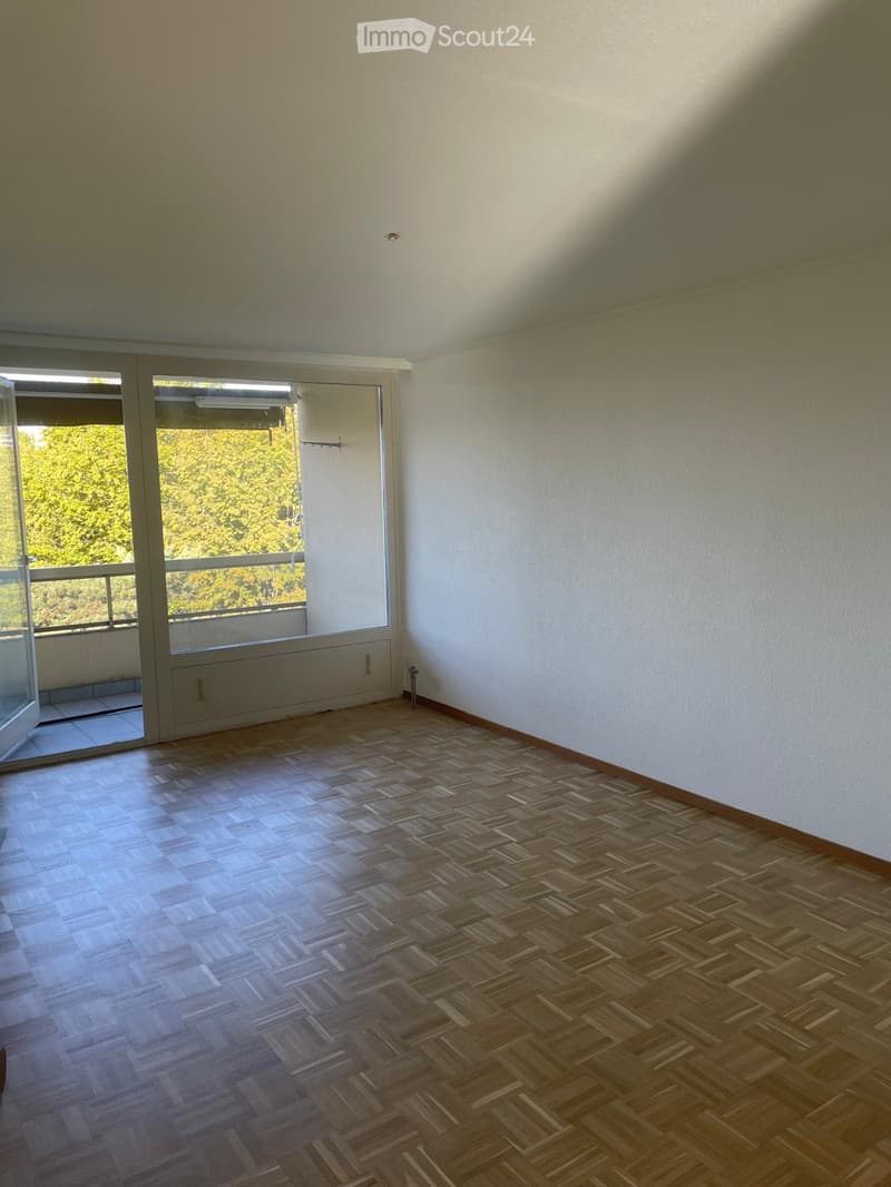 Empty room with wooden herringbone flooring, white walls, large window with blinds, and a sliding glass door leading to a balcony.