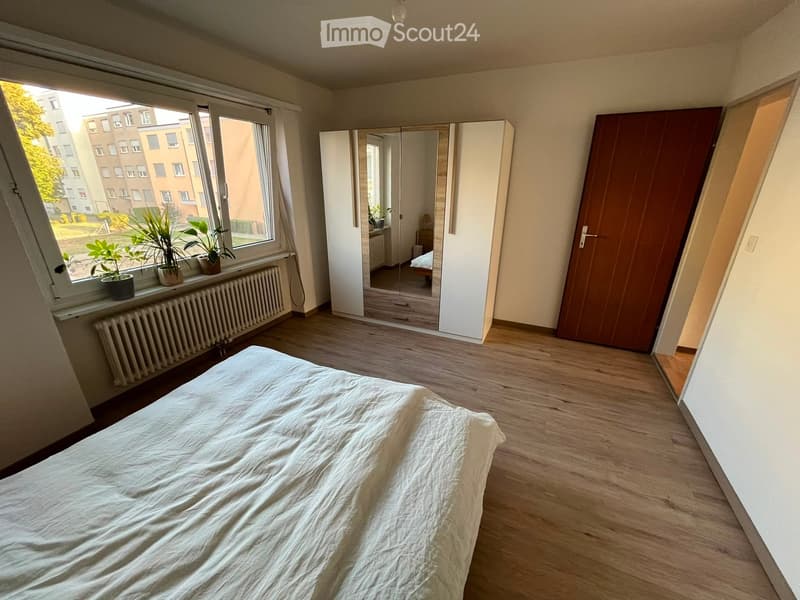 Bright bedroom with wooden flooring, large window with potted plants on the sill, a single bed with white bedding, a white wardrobe with mirrored doors, and a radiator below the window.