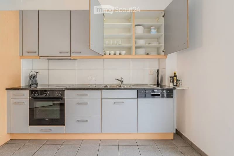 Modern kitchen with light grey cabinets, stainless steel appliances, and a dark countertop. Features include an oven, sink with faucet, dishwasher, coffee maker, wine glasses, and open shelving with plates and cups.
