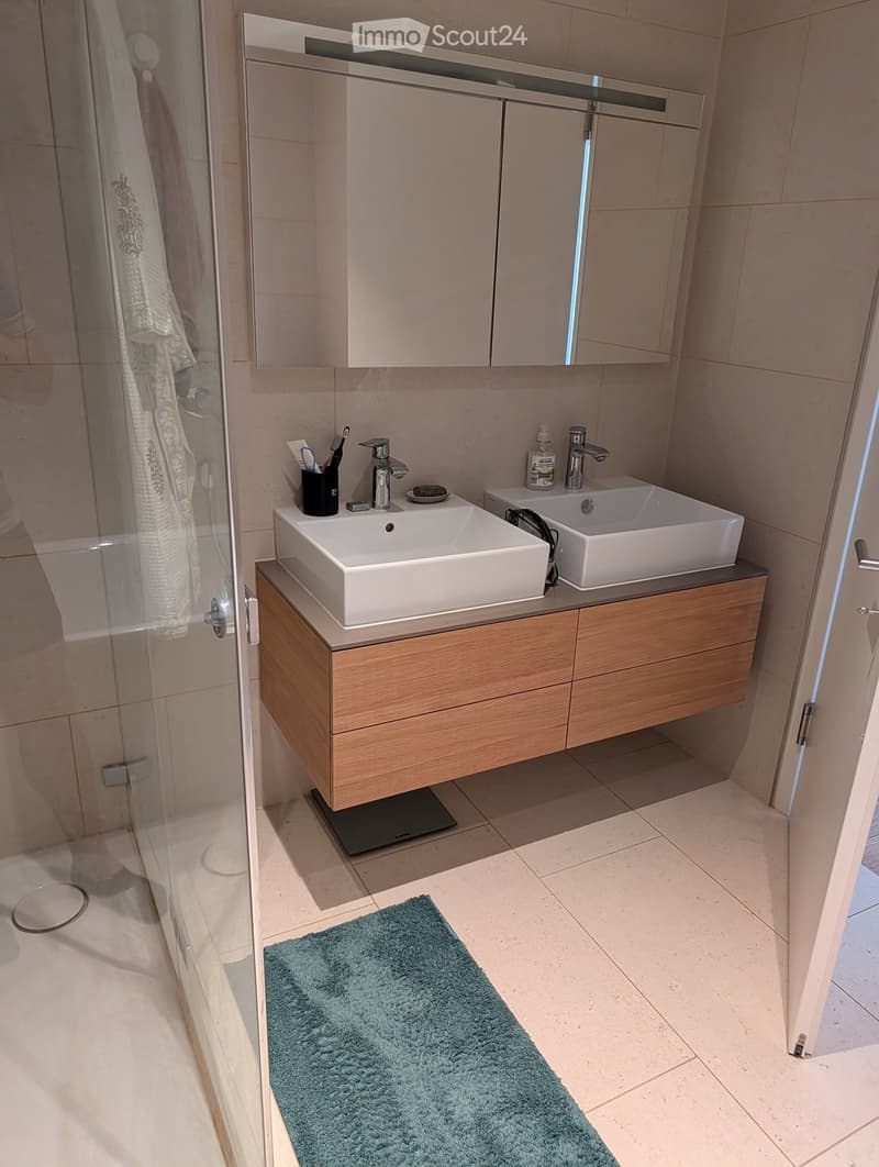 Modern bathroom with two white sinks, wooden cabinet, mirror, toothbrush holder, and a blue rug on the floor.