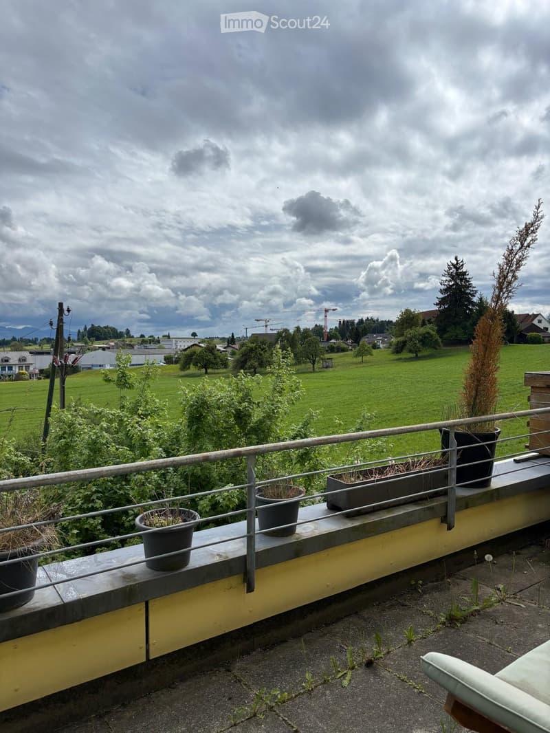 Balcony with metal railing, potted plants, and a single chair, overlooking a green field and distant buildings.