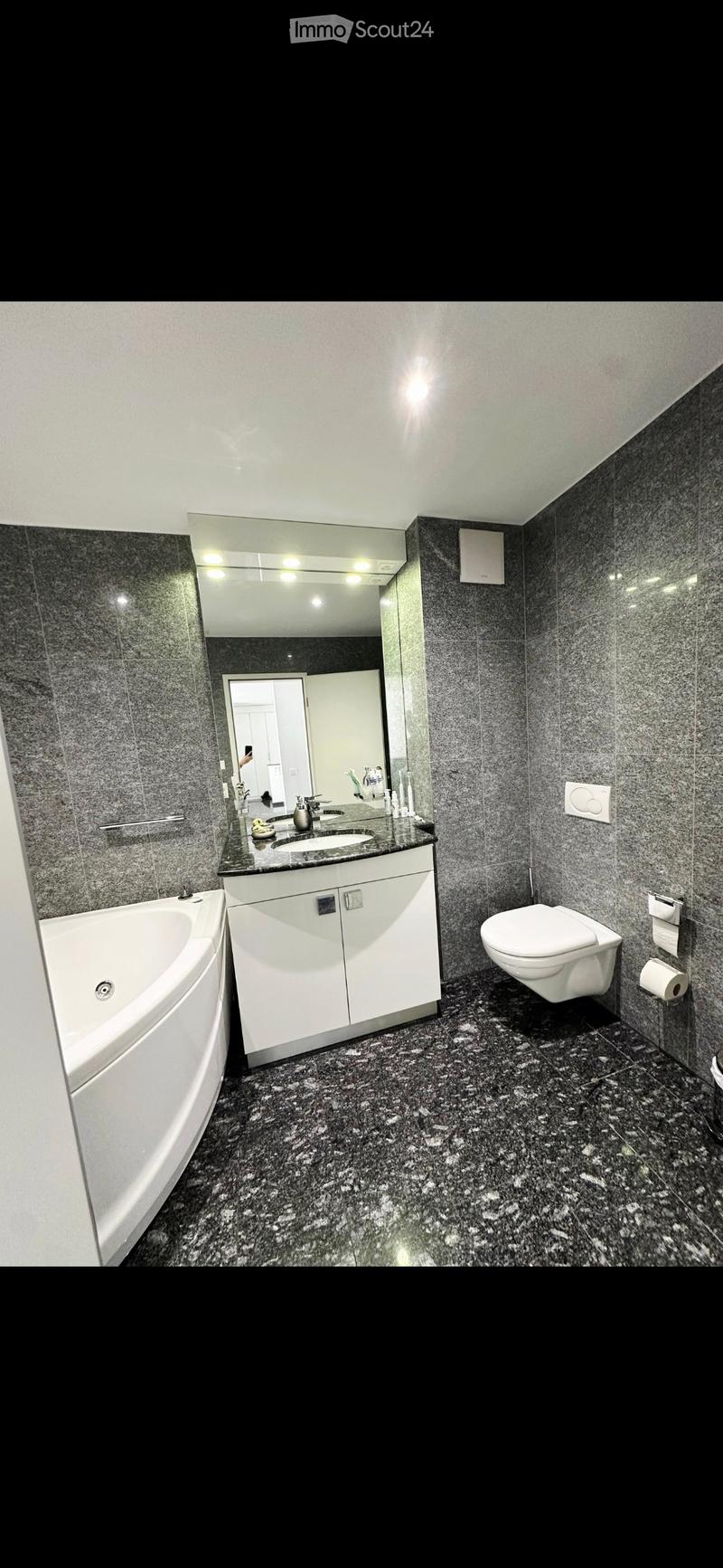 Modern bathroom with dark granite tiles, white bathtub, toilet, sink, and mirrored cabinet.