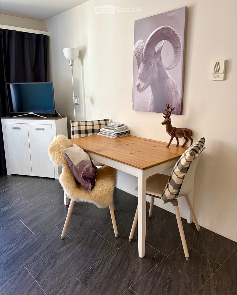A modern, furnished room with a wooden table, two chairs, a television, a floor lamp, a cabinet, and decorative items including a picture frame and a small statue.