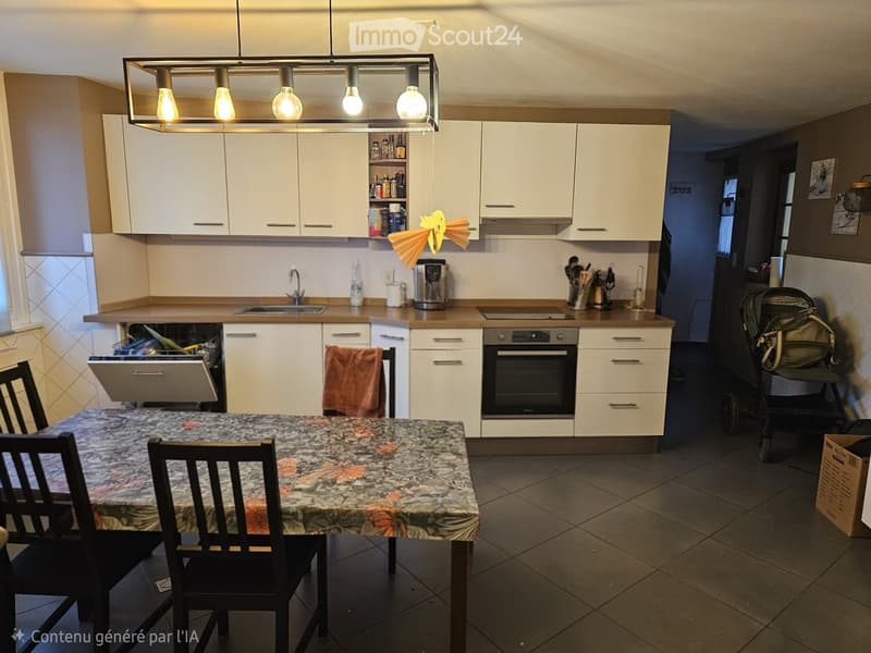 Modern kitchen with white cabinets, wooden countertops, a sink, an oven, a dishwasher, a coffee maker, and a dining table with chairs.