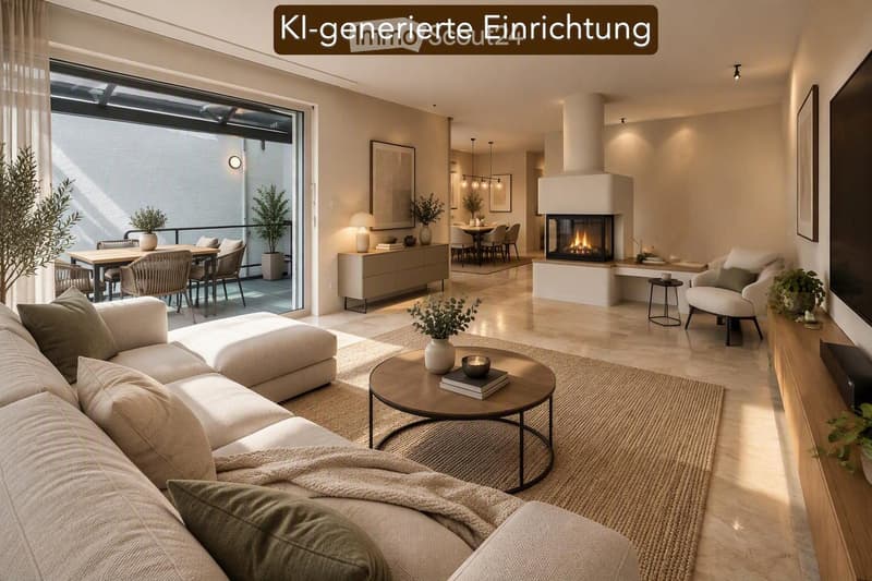 Modern living room with a fireplace, large windows, and a dining area. Features a sofa, coffee table, ottoman, armchair, dining table, and chairs.