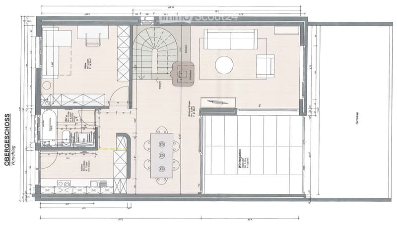 Layout of a multi-purpose space including a stage area, seating, kitchen, dining area, and winter garden with a terrace.
