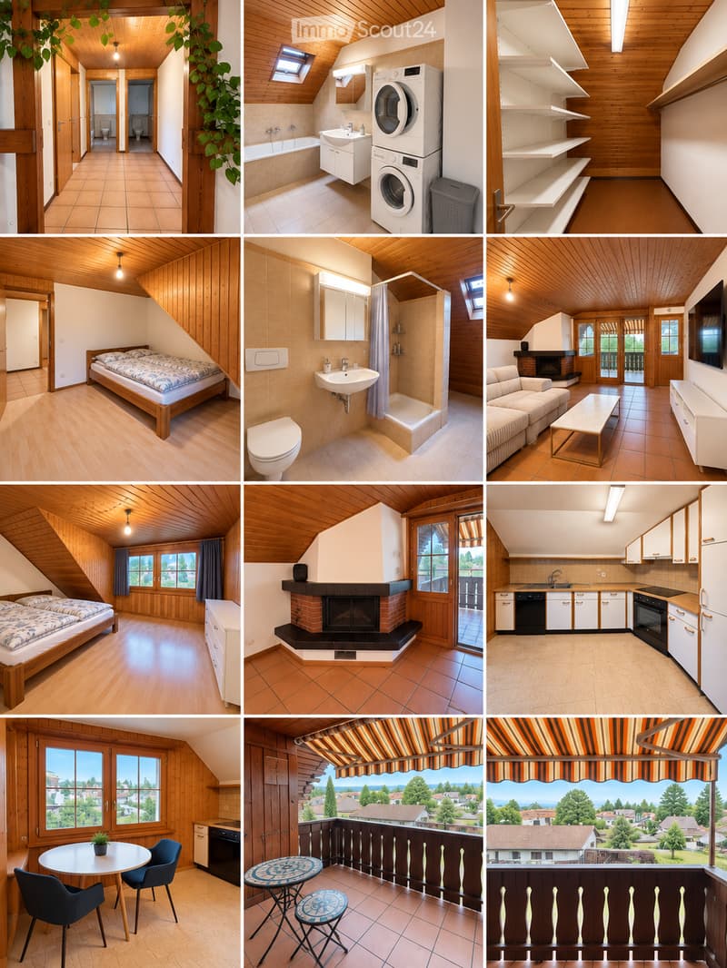 A collage of images showcasing a cozy, wooden-finished house with multiple rooms including bedrooms, bathrooms, a living room, a kitchen, and a balcony with scenic views.